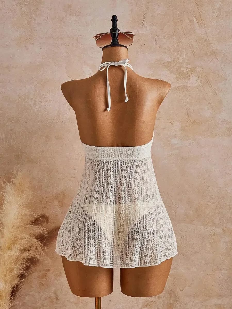 Women Floral Lace Halter Beach Dress With Bikini Bottom