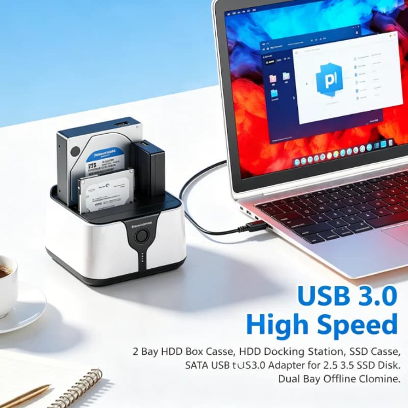 Box per HDD a 2 Bay Affidabile, Docking Station per HDD, Case per SSD, Adattatore SATA a USB 3.0 per Dischi SSD da 2.5 e 3.5 Pollici, Clonazione Offline a Doppio Bay