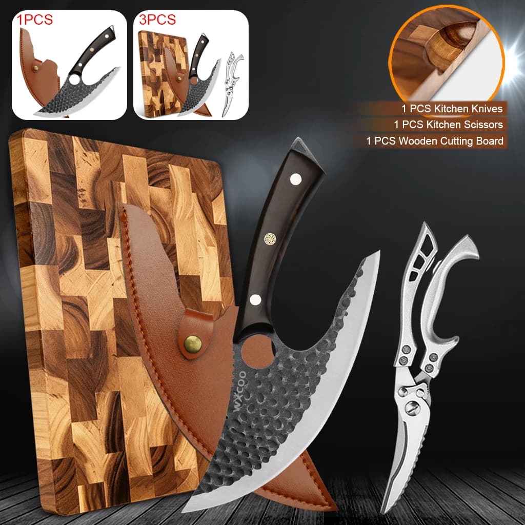 WXCOO Stainless Steel Chef Knife, Meat Knife, Kitchen Scissors, High Quality Acacia Wood Cutting Machine on both sides