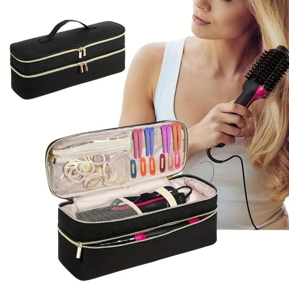 2-In-1 Hair Tools Travel Bag Expandable Double-Layer Hair Dryer Storage Bag Foldable Waterproof Curling Iron Storage Bag