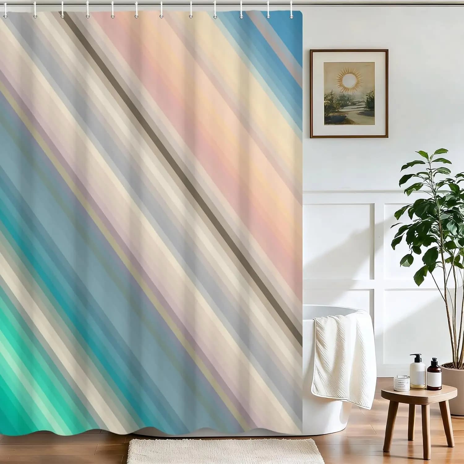Modern Abstract Striped Gradient Shower Curtain Waterproof Bathroom Coastal Pastel Stripe Design for Home Decor