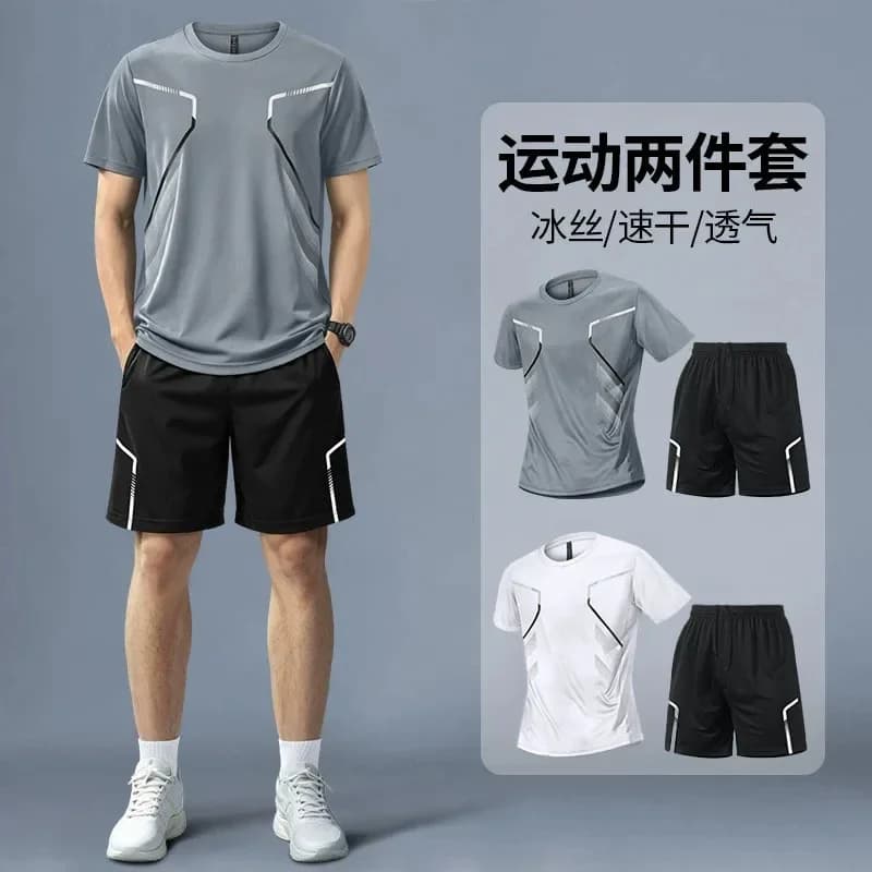 Fitness Set Men's Summer Ice Silk Running Quick-Dry Short-Sleeved T-Shirt 2026 New Style Sports Basketball Training Shorts