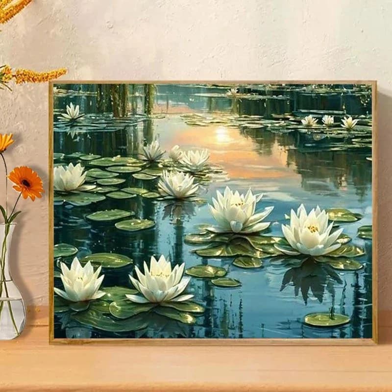 Professional Art Use, [2D/Flat]1pc Frameless Adult Paint by Numbers Kit: Acrylic Paint - Pond Water Lilies, White Lotus Blossoms