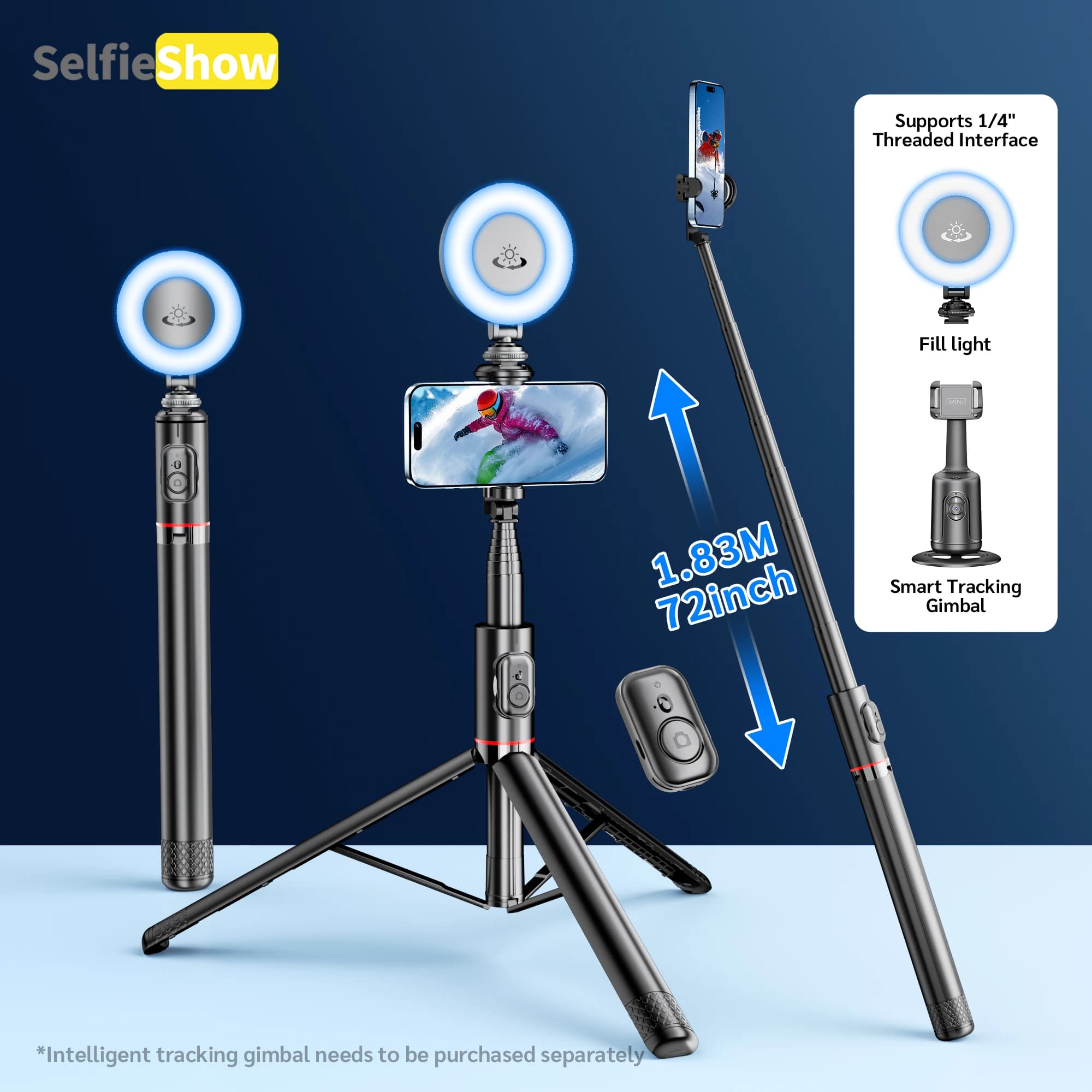 Selfieshow C10 Selfie Stick Treppiede per telefono portatile in lega di alluminio da 72 pollici con telecomando Bluetooth wireless per cellulare iOS Android
