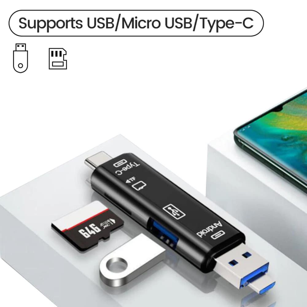 Lettore di schede Micro SD multifunzione 5 in 1 Adattatore USB C USB 3.0 per lettore di schede di memoria per foto di fotocamera esterna Funziona con PC Mac