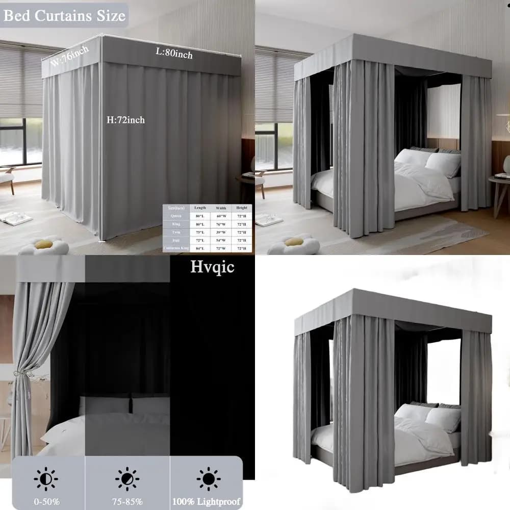 King size gray canopy curtains for 4-mounted bed, curtains blocking light, ideal for decorating the bedroom for adults and girls