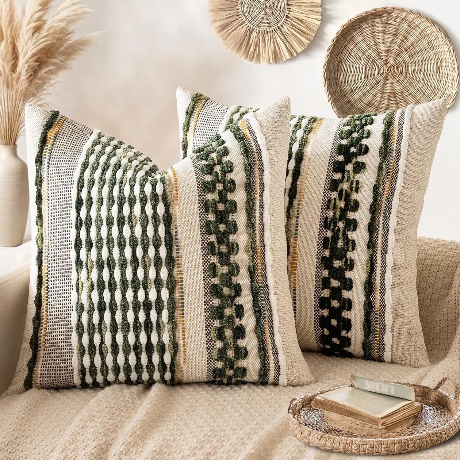 Set of 2 Covers Boho 18x18, Rustic Style Belt, Decorative Sofa and Bed, Green Oliva