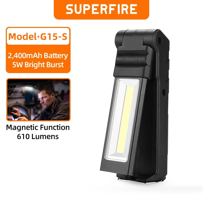 Torcia LED SUPERFIRE G15/S + lampada da lavoro COB con batteria integrata ricaricabile USB magnetica Torcia pieghevole multifunzione