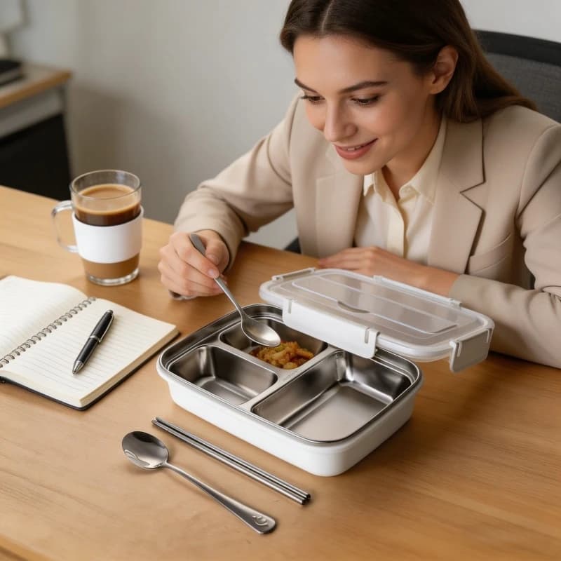 Set di 2 Contenitori per Pranzo in Acciaio Inox a Prova di Perdite con 3 Scomparti per Lavoratori d'Ufficio e Studenti