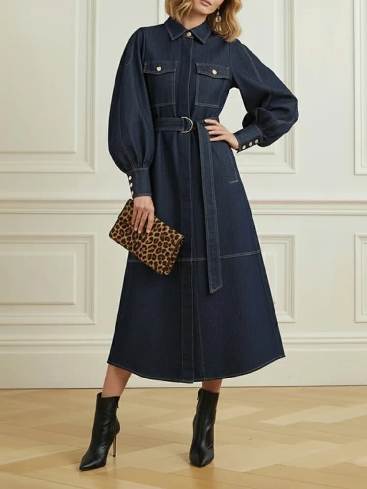 New women's denim dress for spring 2026, with carved collar, smoky sleeves, belt and pleated skirt, casual midi dress for commuting