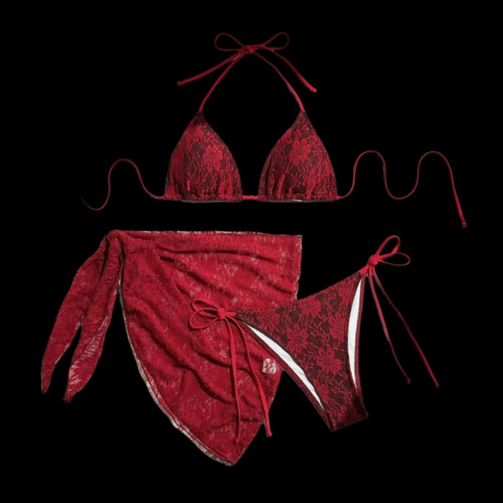 Fashion Halter Sexy Brazilian Bikini Set Mesh Nylon Lace Bikinis Red Cover Skirt Swimsuits Bathing