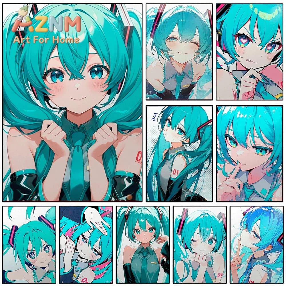 Hatsune Miku Close Up Face Cute Blushing Expressions Collage Canvas Painting Unframed Anime Vocaloid Wall Art Poster for Bedro