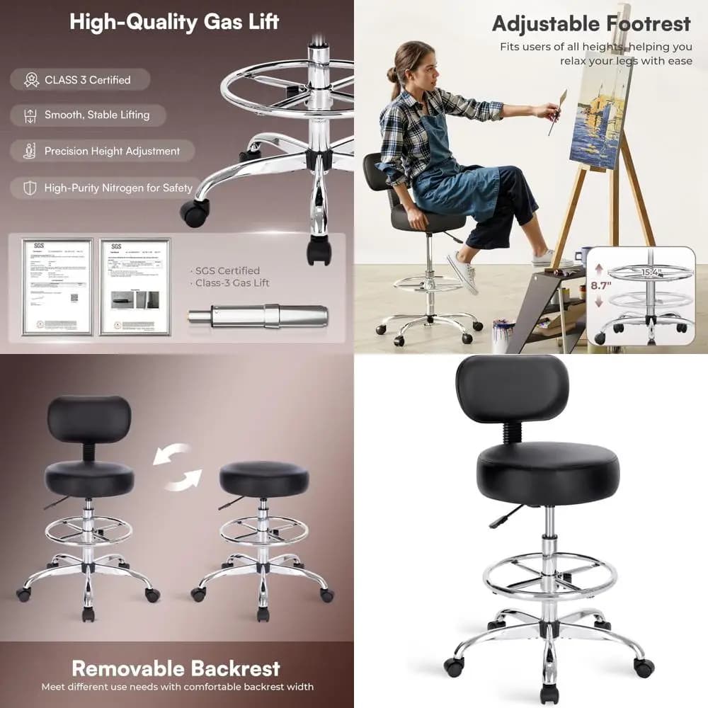 Swivel Stool with Adjustable Back, Multi-Position Office Chair with Pillow Often for Home, Bar, Kitchen - Black