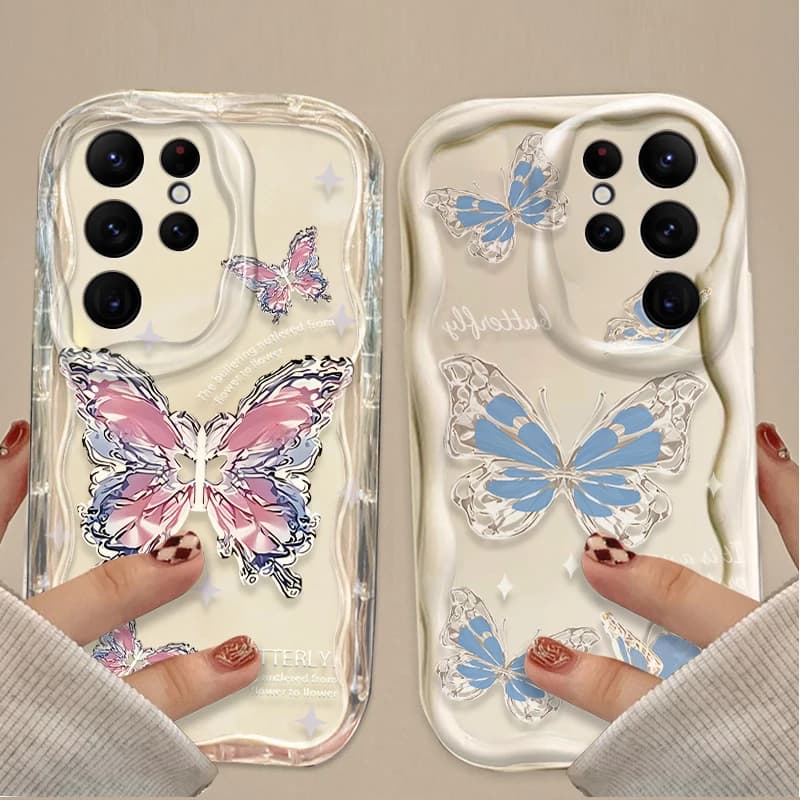 Hard Silicone Soft Case with Glitter and Metallic Butterflies for Samsung Galaxy S25 S24 Ultra S23 S22 S20 Plus FE A56 A36 A26