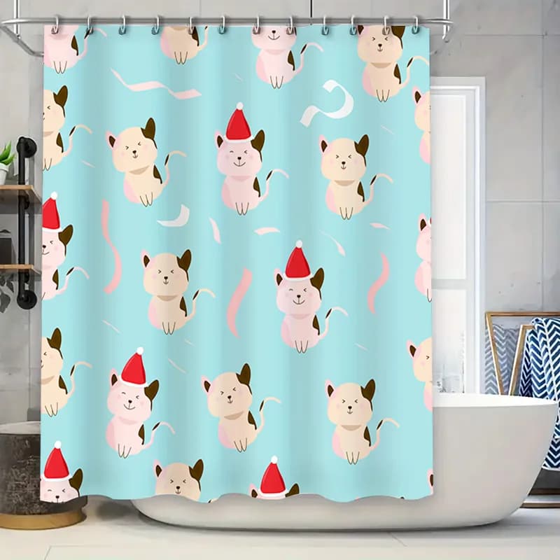 Adorabile set di tende da doccia natalizie con gattino sfondo blu con cappelli di Babbo Natale rossi