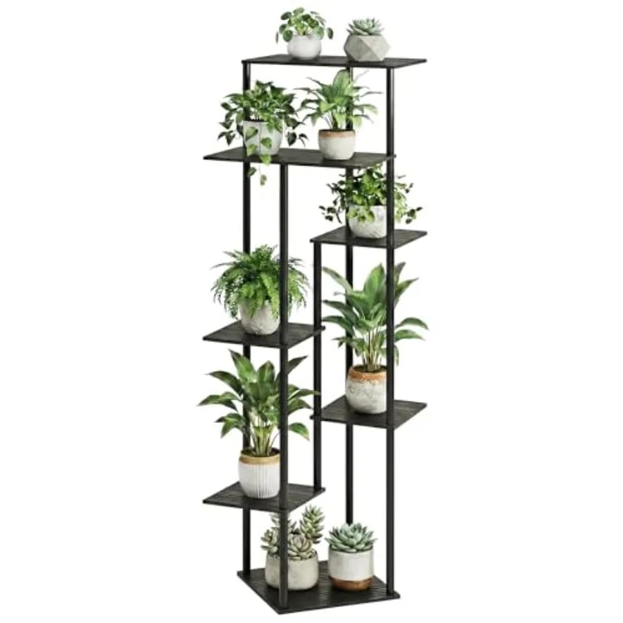 Supporto Alto per Piante da Interno in Metallo e Legno, Scaffale per Piante Multiple, Porta Vasi Angolare per Soggiorno, Balcone, Camera da Letto