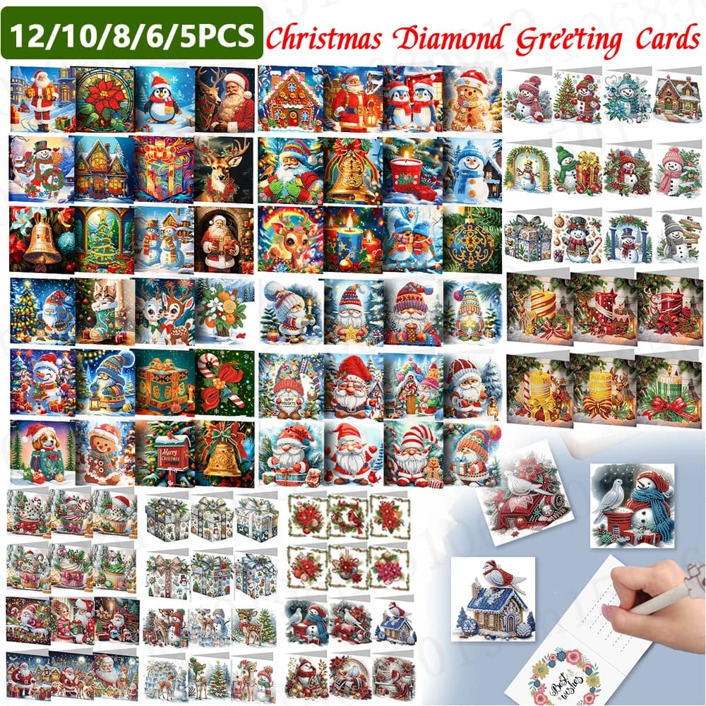 16/12/8PCS Christmas DIY Diamond Painting Card Handmade New Year Greeting Cards For Christmas Santa Claus Snowman Postcards