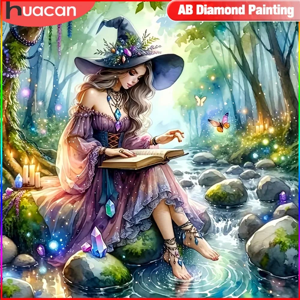 HUACAN Diamond Embroidery Witch Girl Mosaic Butterfly Cross Stitch Painting Tree New Arrival Picture Rhinestones Wall Art
