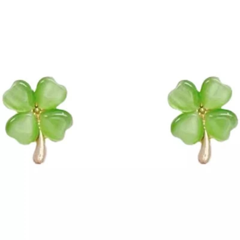 C1FC Elegant Four Leaf Clovers Cats Eye Stone Earrings Trendy Ear Studs Fashion Daily Wear Accessories for Women and Girls