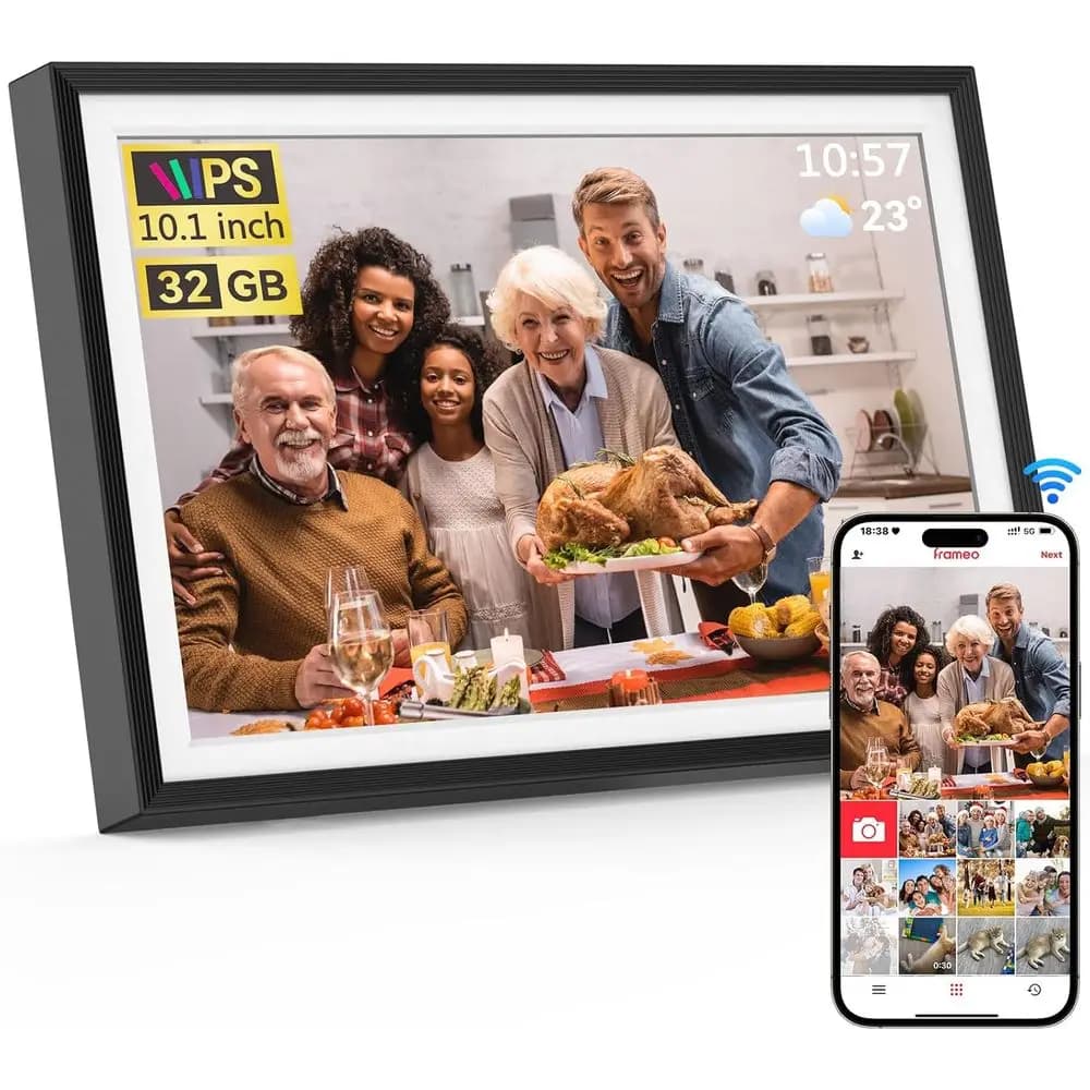 Cornice Digitale con Touchscreen HD da 10.1 Pollici, Memoria da 32GB, Rotazione Automatica, Presentazione di Diapositive, Configurazione Semplice, Condivisione dei Contenuti - Nera