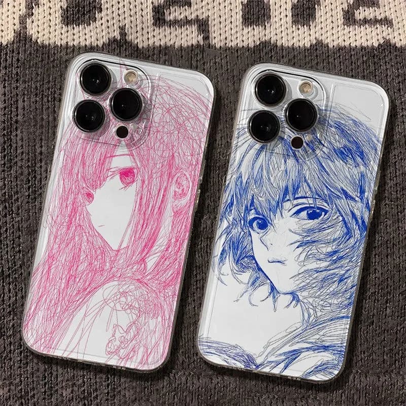 Cartoon Asuka and Ayanami hand drawn Phone Case For iPhone 17 16e 16 15 14 13 12 11 Mini Air Pro Max X XR XSMax Plus Back Cover