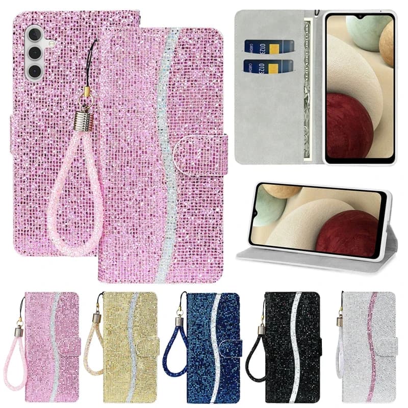 Portafoglio Glitter Slot per schede Custodia in pelle di vibrazione per Samsung Galaxy S25 Edge S24 Ultra S23 Plus S22 S21 S20 FE A15 A35 A36 A54 A55 A56