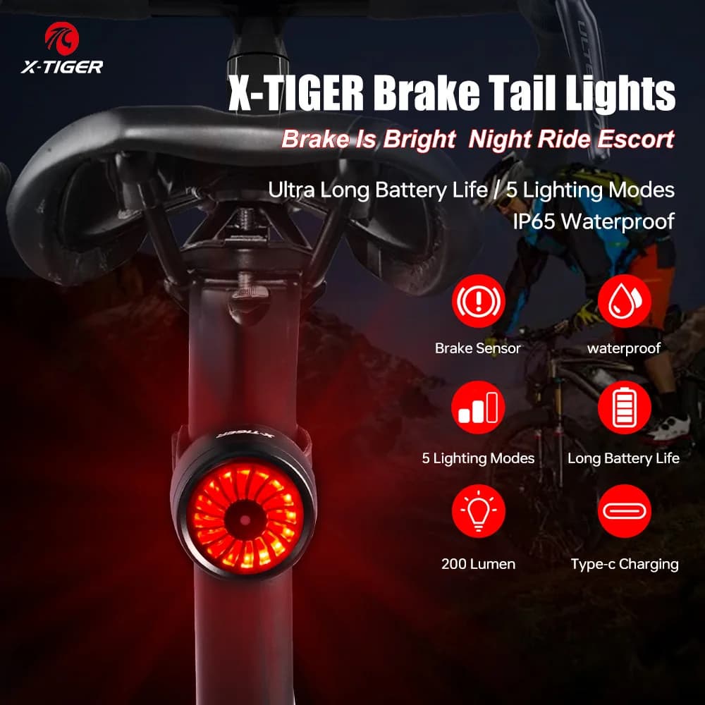 Fanale posteriore di avvertimento per bicicletta X-TIGER, fanali posteriori di avvertimento in stile vortice, spia notturna con ricarica USB Accessori per bici MBT