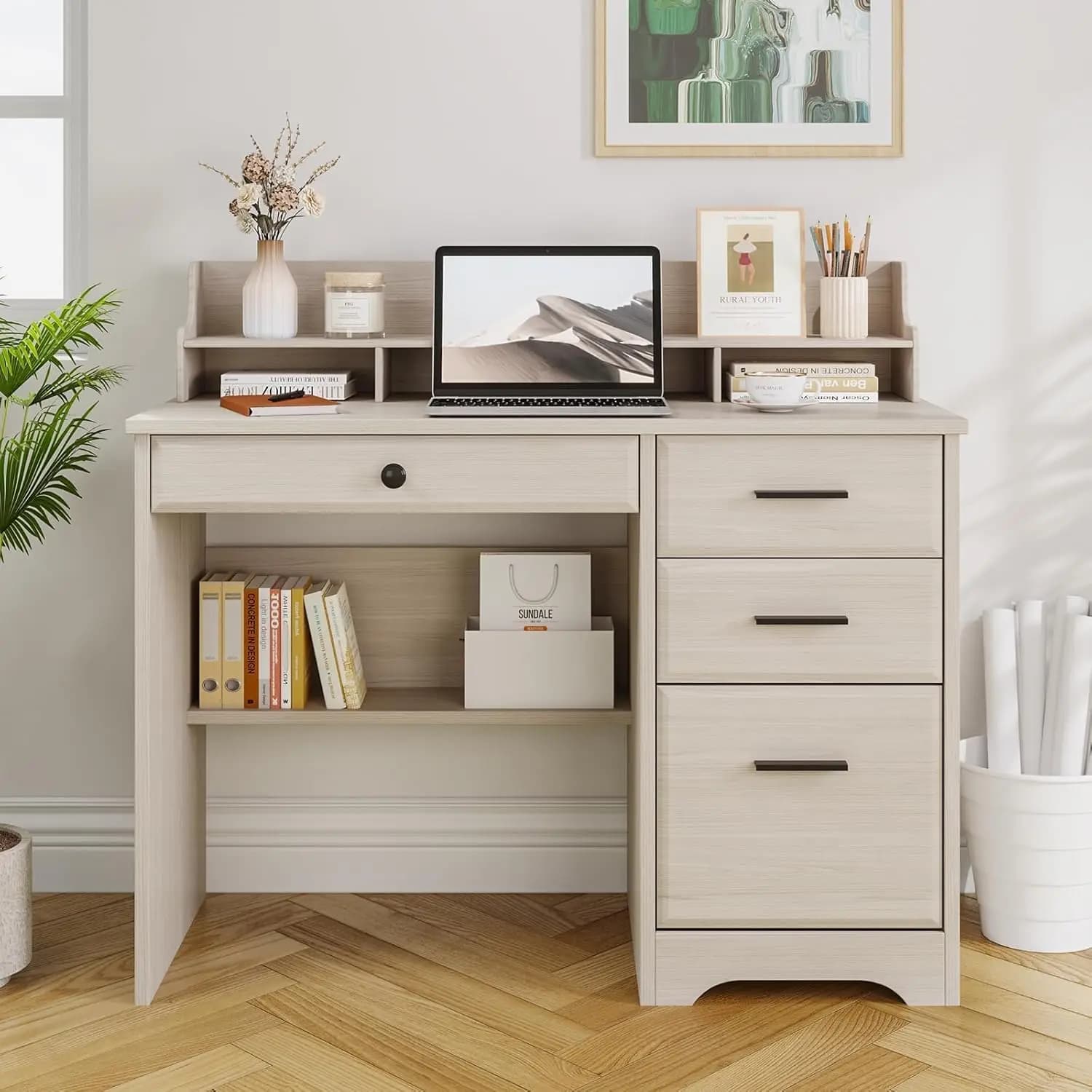 Piccola Scrivania con Cassetti, Scrivania per Computer con Armadietto Portadocumenti e Supporto Monitor, Scrivanie per Ufficio Domestico con Cassetti, in Legno, Personalizzabile