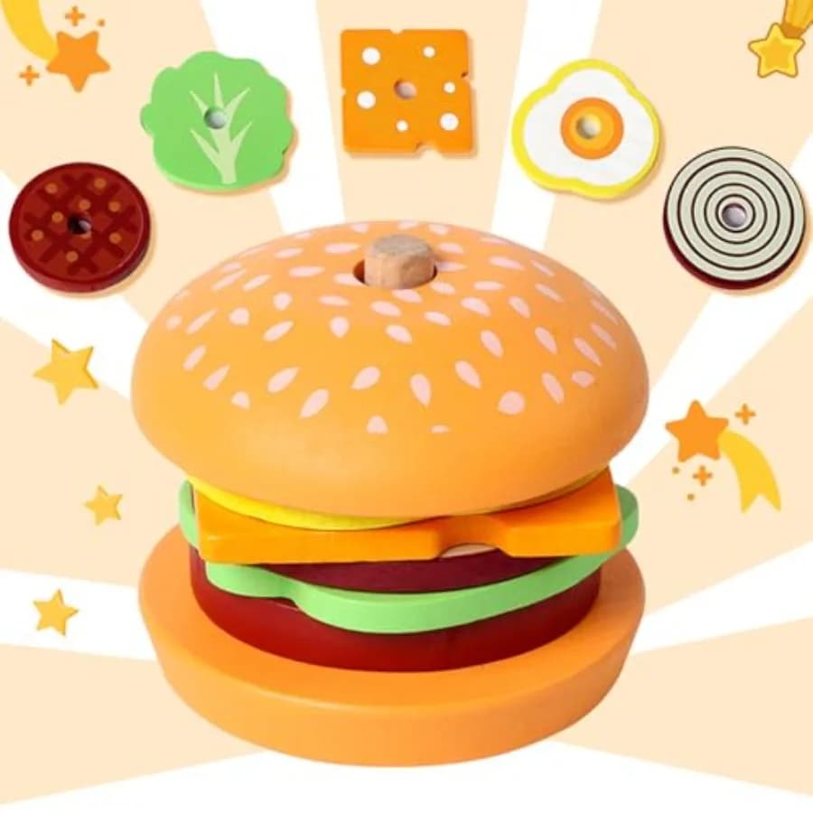 Toys Montessori in Wood, Burger Set Children's Impilabilities, Educational Games for Skill Motor Finishes, Preschool Learning Blocks, Children's Gift
