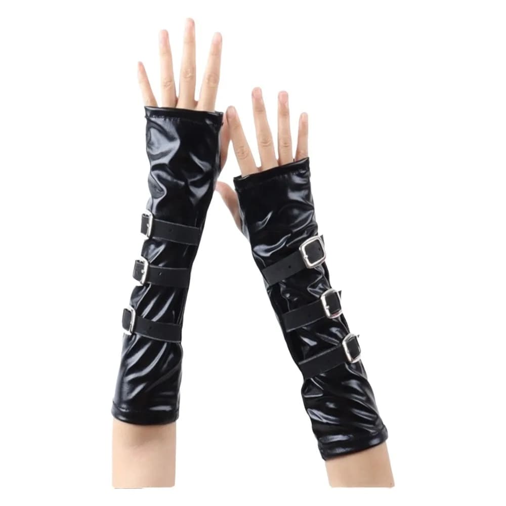 Solid Color Punk Arm Sleeves Lacquer Leather Metal Buckle Dark Gothic Arm Covers Half Finger Lightweight Half-arm Sleeve Gloves