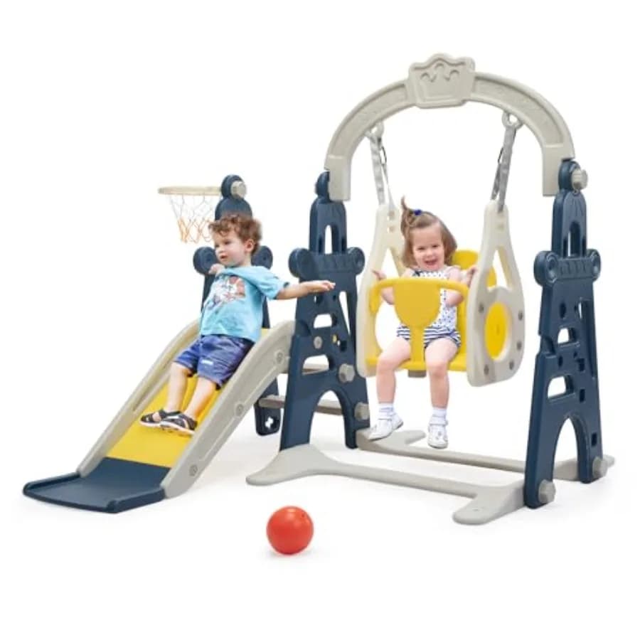 Scivolo 3-in-1 per Bambini 1-3 Anni, Set da Gioco per Interni ed Esterni Blu, Struttura Autoportante con Altalena e Canestro da Basket