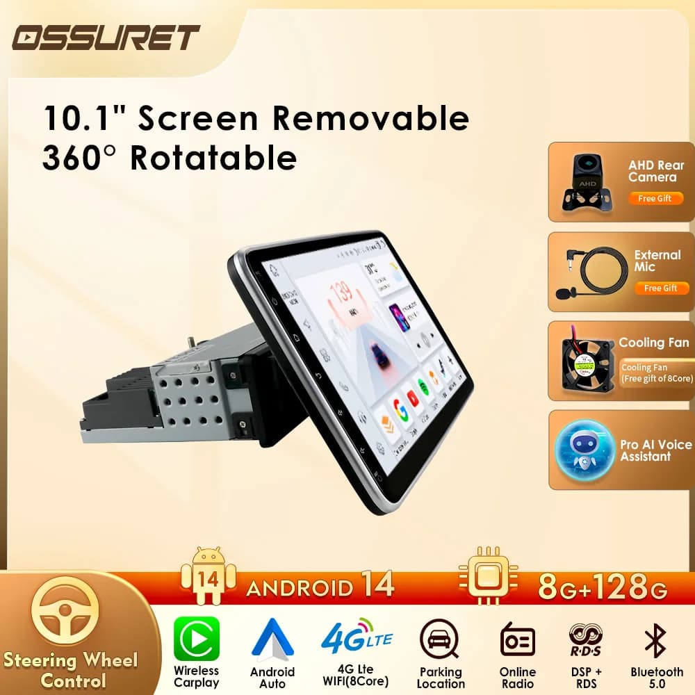 Octa Core 1 Din Universal Radio Wireless Carplay Car Multimedia Player Autoradio Removable 360° Rotatable Screen Stereo DAB OBD