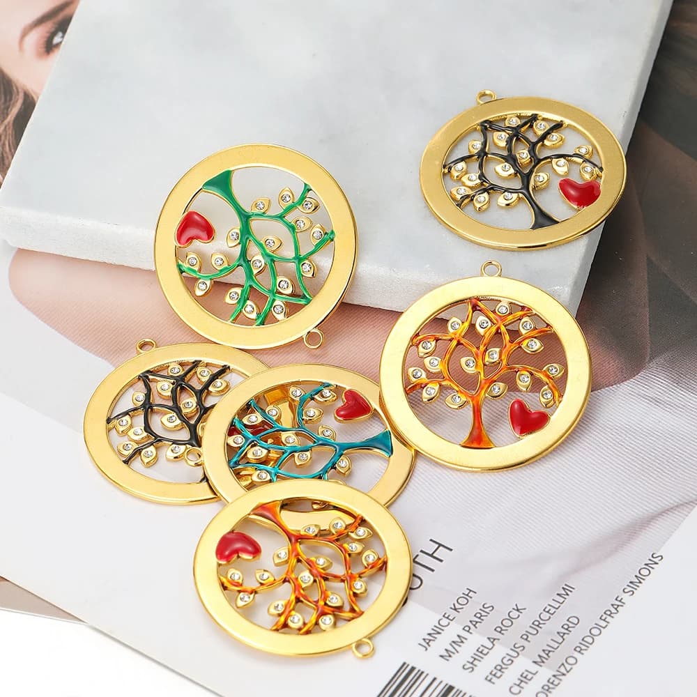 5Pcs Stainless Steel Enamel Tree Flowers Charms Round Gold Pendants for DIY Jewelry Findings Necklaces Bracelets Components Bulk