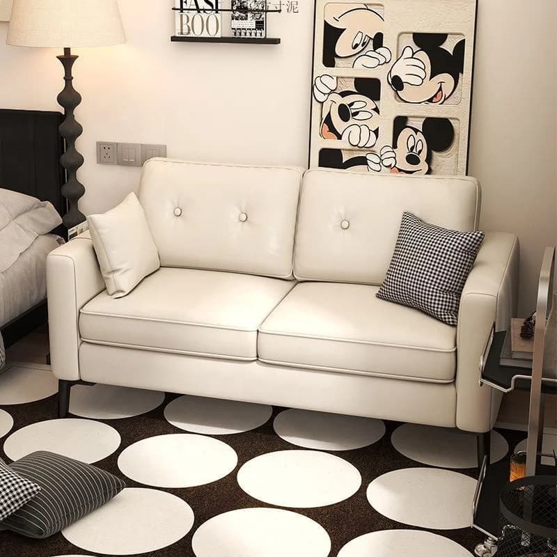 #Cream White PU Leather 2 Seater Sofa TuftedBackrest Rounded Arms Black Legs Modern Minimalist Small Space Living Room Furniture
