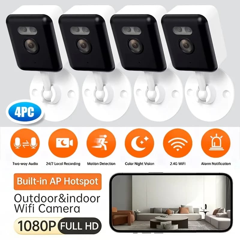 Telecamera di Sicurezza Smart Wi-Fi 1080p 4 Pezzi, 2MP, HD, Avvisi in Tempo Reale tramite App, Audio Bidirezionale, con Tracciamento del Movimento per Bambini e Animali Domestici