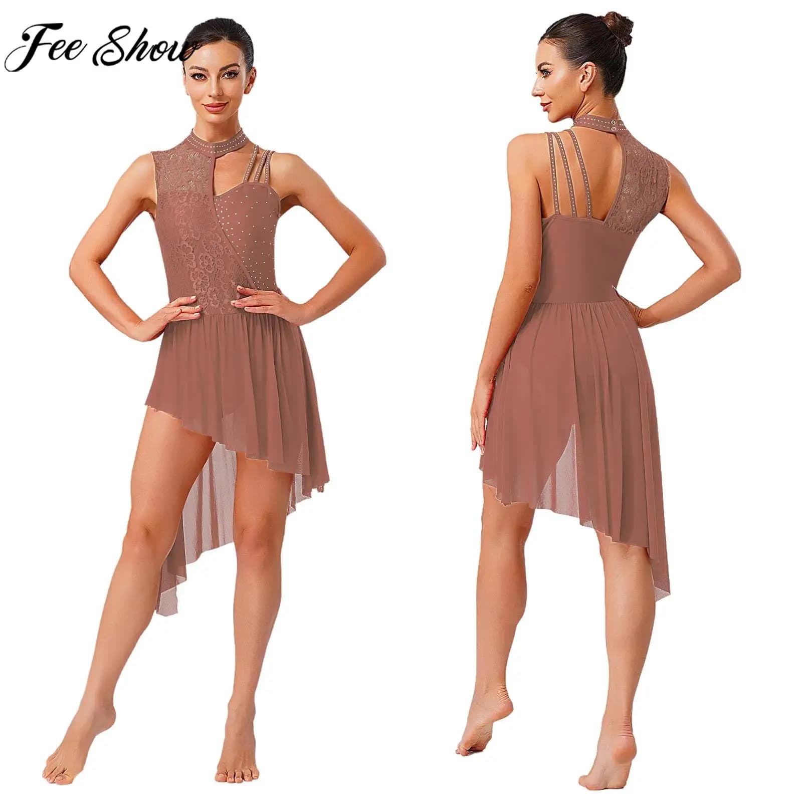 Body da danza lirica moderna da donna Abito in pizzo floreale con strass Abiti da balletto Pattinaggio di figura Valzer Latin Cha-cha Dancewear