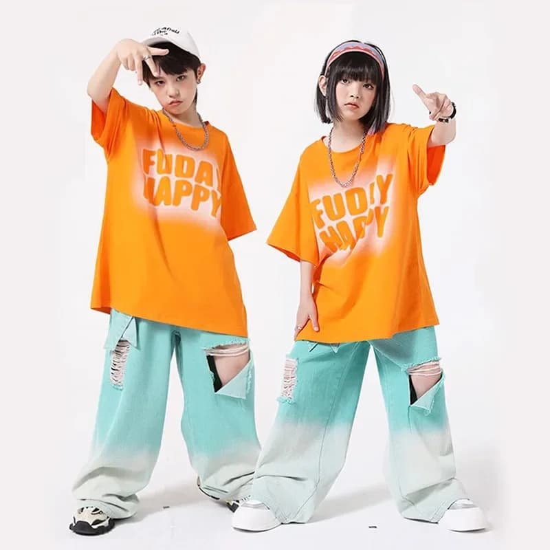 Abbigliamento Hip Hop per bambini T-shirt grafica arancione T-shirt Top Pantaloni jeans strappati con cinturino in denim verde blu per abiti da ballo per ragazza ragazzo