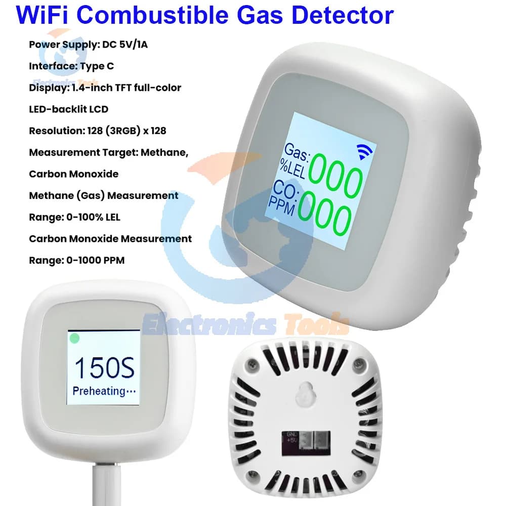 WiFi Combustible Gas Detector 1.4 Inch Color Display Smart Air Quality Monitor for Methane Carbon Monoxide Detection DC 5V