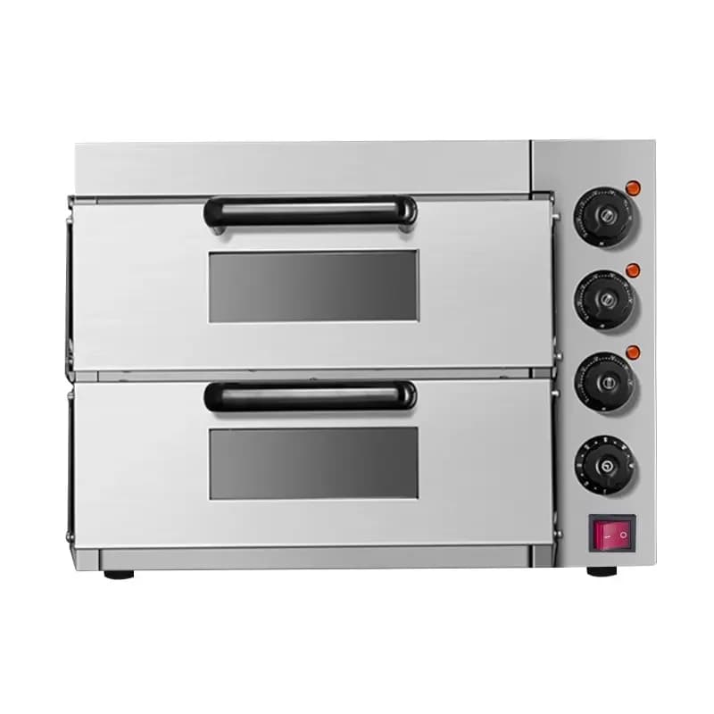 Forno per pizza a 2 livelli da cucina commerciale con piano di lavoro elettrico in pietra.