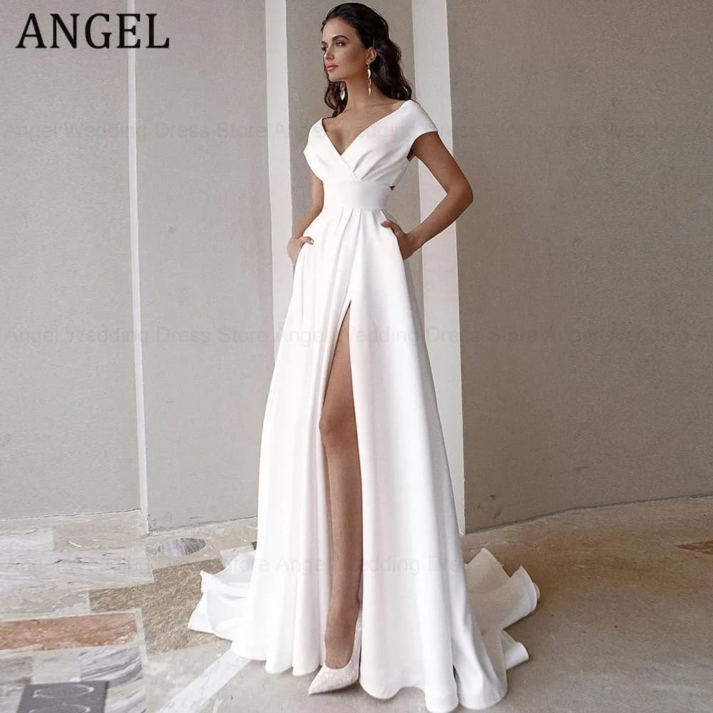 ANGEL Customized Modern V-Neck A-Line Wedding Dress For Bride 2026 High Slit Belt Long Bridal Gowns Backless Vestido De Novia