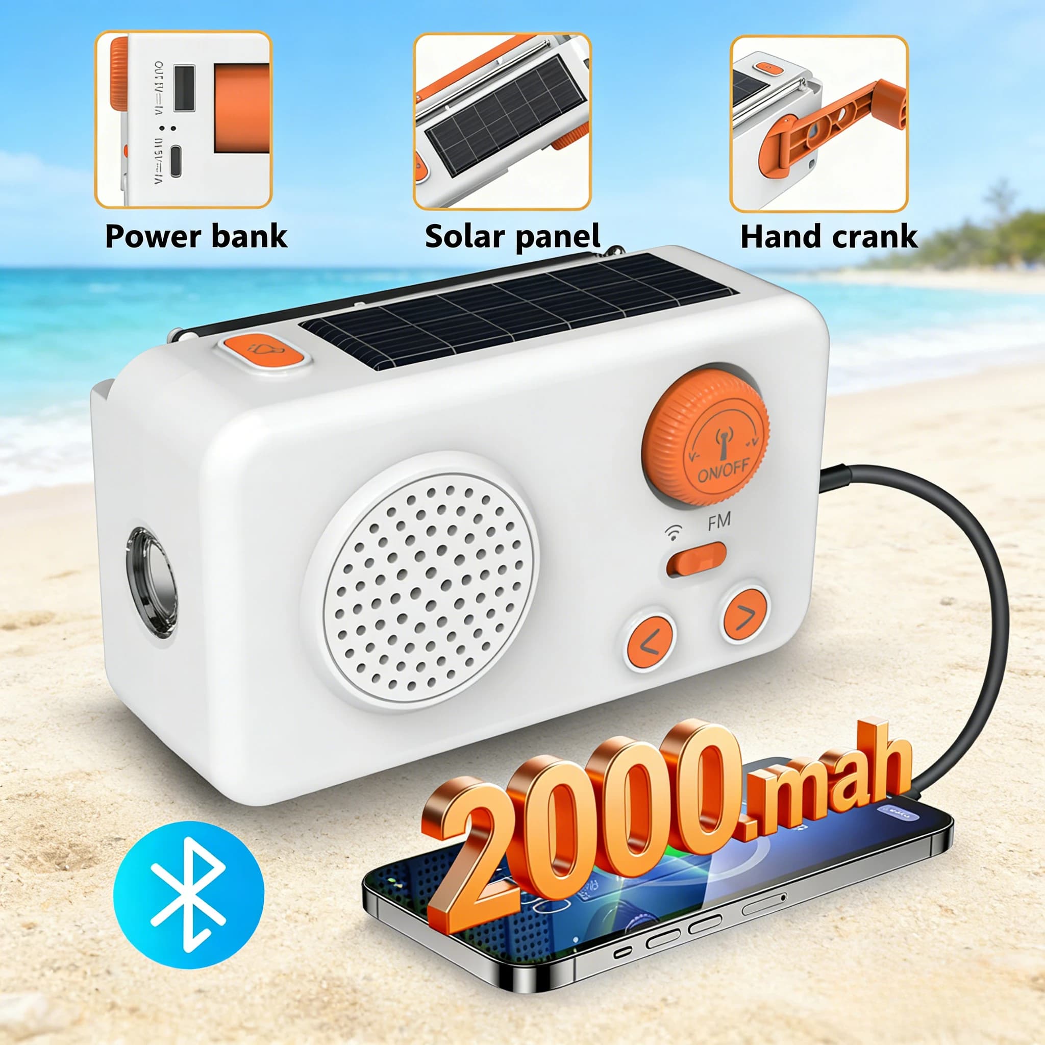 Mini Radio FM Portatile con Altoparlante Bluetooth Wireless, Ricarica Solare, Manovella per Emergenze, Ricevitore Radio, Allarme SOS, Power Bank