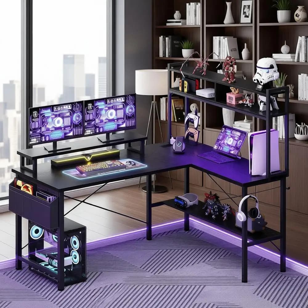 L-Compact Gaming Desk with Integrated Current Grips, LED Lighting and Monitor Support Space
