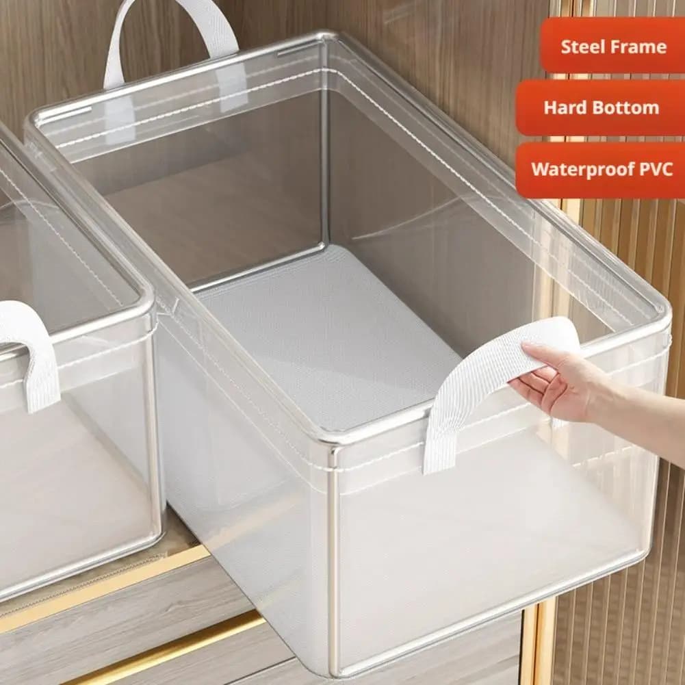 High-quality Transparent Grid Clothing Storage Basket, Sturdy Metal Frame Foldable Wardrobe Organizer for Jeans All Clothes