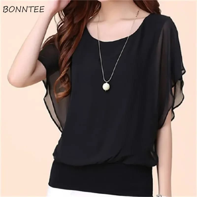 Women's Chiffon Blouses Casual Short Sleeve O-Colle Fashion Korean Pendolarism Elegant Woman Breathable Soft and elegant Summer