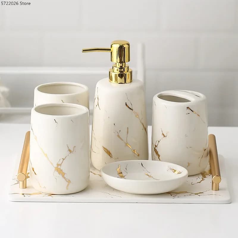Set da bagno in ceramica Set da bagno porta spazzolino in porcellana di marmo/Dispenser di sapone/vassoio accessori per la decorazione del bagno