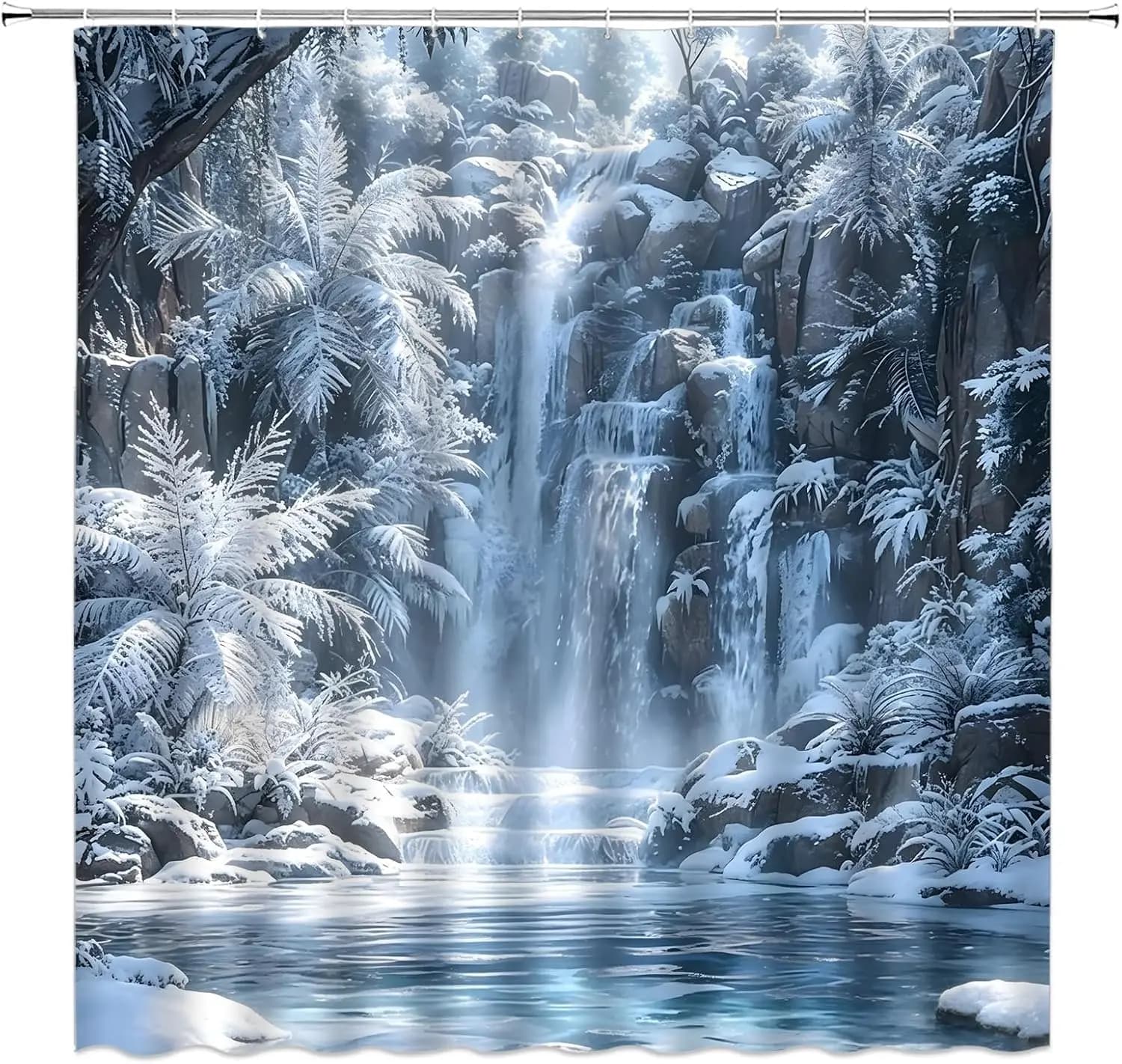 Aesthetic Snowy Waterfall Shower Curtain Nature Forest Scene Bathroom Decor Winter Spa Curtain
