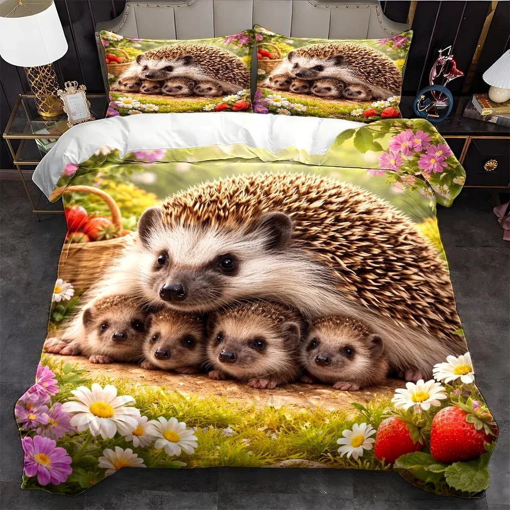 3Pc Cute Hedgehog Parent-Child Pattern Duvet Cover Set, Three-Piece Bedding Set (1*Duvet Cover + 2*Pillowcases), Suitable for All Seasons, Machine Washable, Invisible Zipper Design, Large Double Bed Cover, Suitable for Home, Dormitory, Master Bedroom, Guest Room, Fresh Floral Strawberry Pastoral Style Bedding, Hot-Selling Skin-Friendly Comfortable Bedding Set, Warm Animal-Themed Bedding Set 2D Flat Print