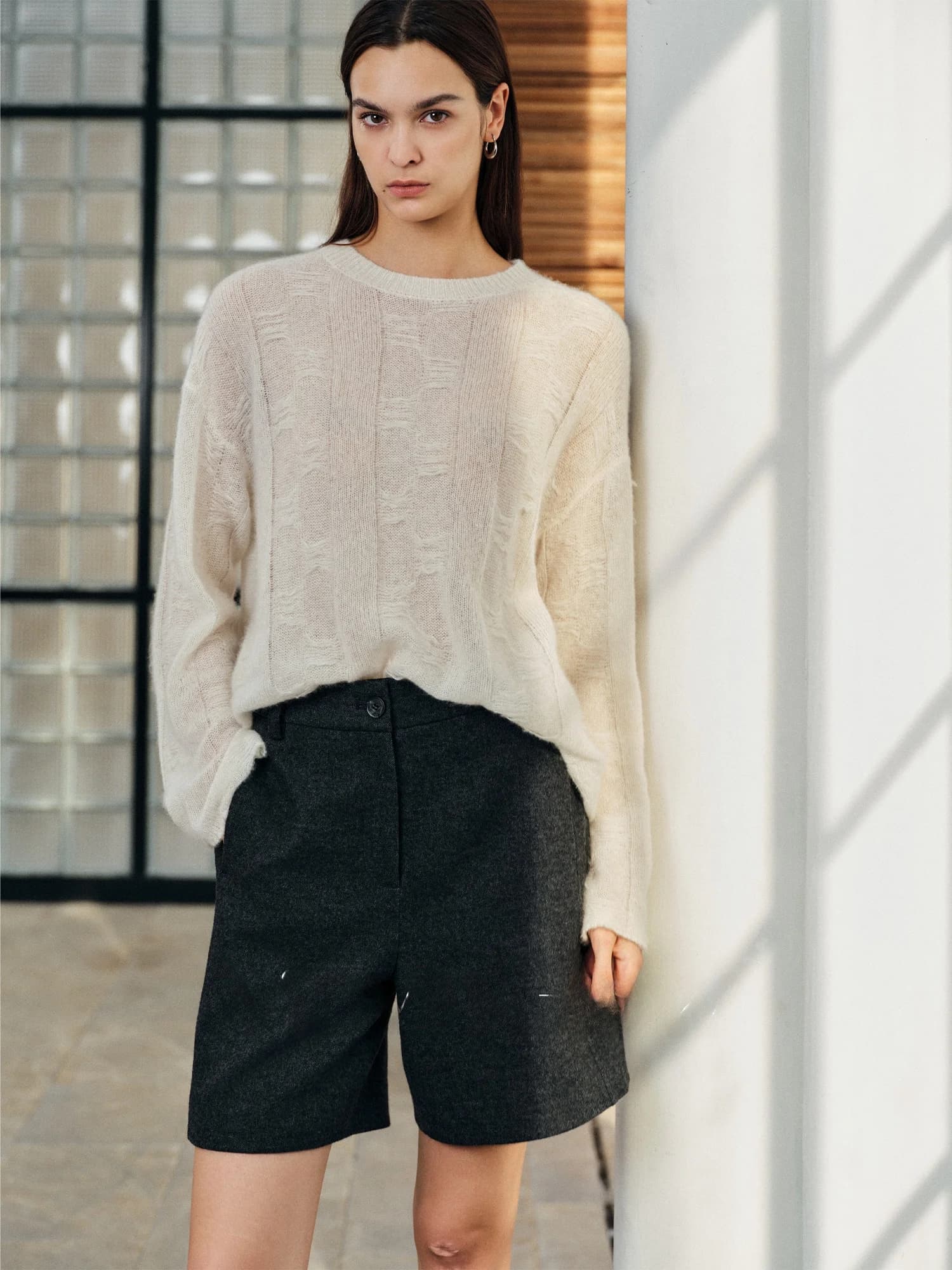 Pantaloni Bermuda in Tweed di Lana a Doppia Faccia con Gamba Dritta, Gonna Casual in Lana Colorata per Signore