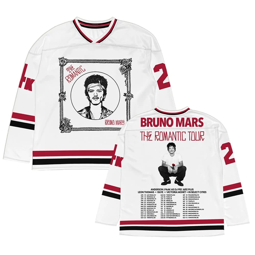 T-shirt romantica con stampa 3D a maniche lunghe e scollo a V, modello loose, da uomo, con grafica di Bruno Mars, cantante, ispirata al tour di hockey
