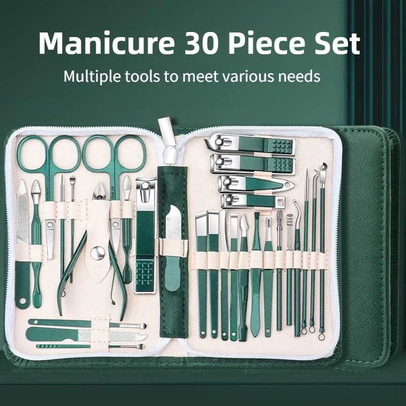 Set tagliaunghie professionale in acciaio inossidabile da 30 pezzi Set di strumenti per unghie verdi Set di manicure e pedicure da 30 pezzi Kit per toelettatura da viaggio